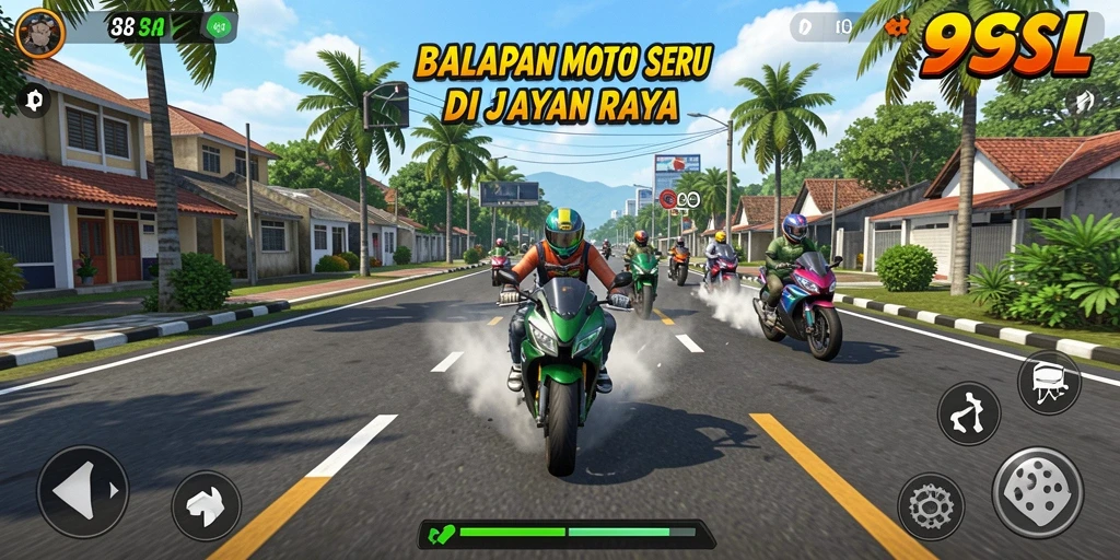 Tangkapan layar 99SL menampilkan aksi balapan motor yang mendebarkan.