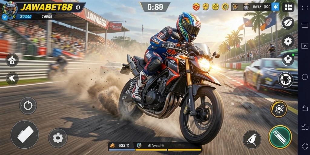 Screenshot utama JAWABET88 menampilkan balapan motor yang seru dan mendebarkan.