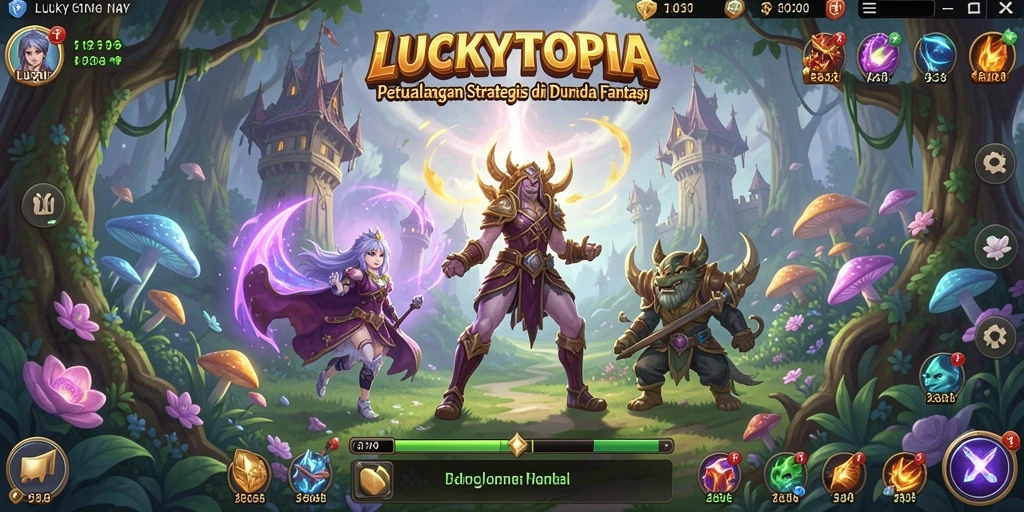 Tampilan gameplay <strong>LUCKYTOPIA</strong> yang menegangkan dan strategis.