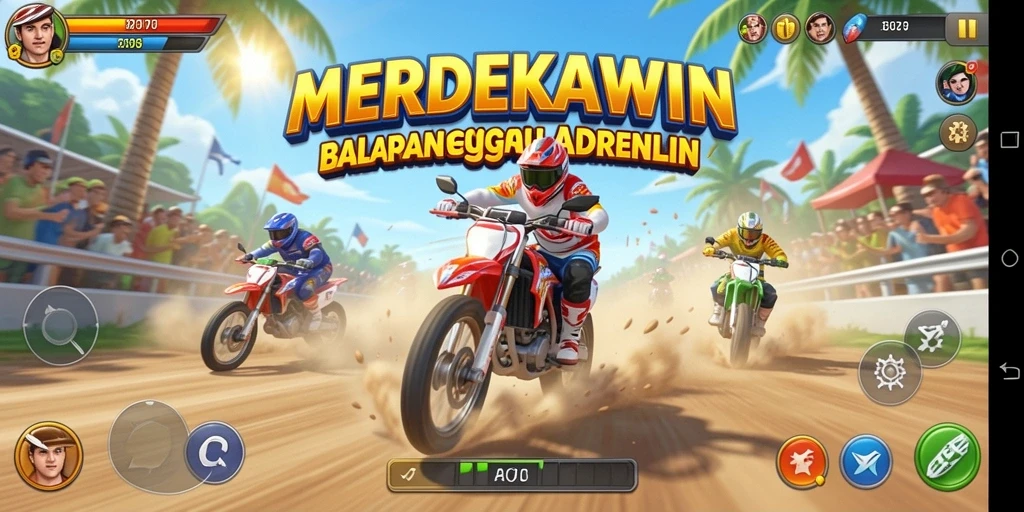 Tampilan gameplay balapan seru dalam MERDEKAWIN