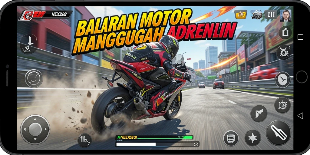 Tampilan gameplay seru dalam NEX288, balapan motor yang memacu adrenalin.